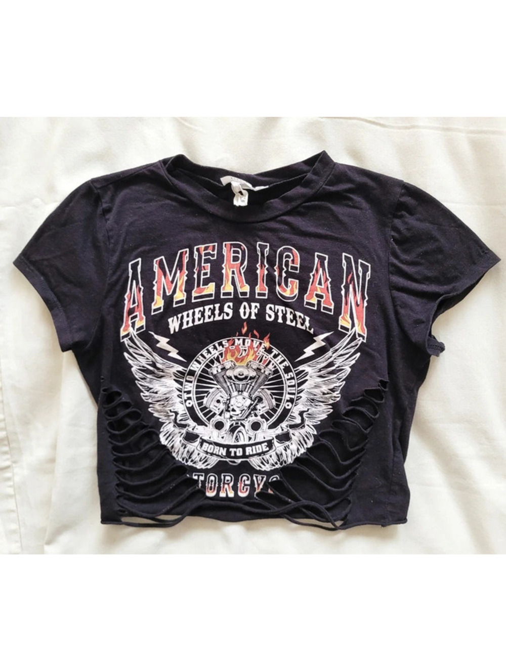 Studio 1011 Women's Black Cropped Graphic T-Shirt Motorcycle Distressed XS